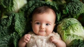 Newborn baby lying in fresh green cabbage. Cute funny child. Top view Happy childhood photo