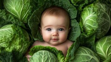 Newborn baby lying in fresh green cabbage. Cute funny child. Top view Happy childhood photo