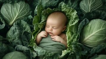 Newborn baby lying in fresh green cabbage. Cute funny child. Top view Happy childhood photo