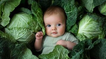 Newborn baby lying in fresh green cabbage. Cute funny child. Top view Happy childhood photo