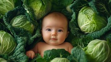 Newborn baby lying in fresh green cabbage. Cute funny child. Top view Happy childhood photo