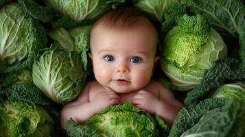 Newborn baby lying in fresh green cabbage. Cute funny child. Top view Happy childhood photo