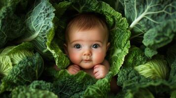 Newborn baby lying in fresh green cabbage. Cute funny child. Top view Happy childhood photo