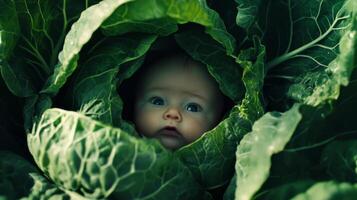 Newborn baby lying in fresh green cabbage. Cute funny child. Top view Happy childhood photo