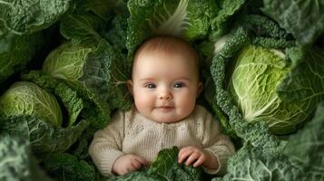 Newborn baby lying in fresh green cabbage. Cute funny child. Top view Happy childhood photo