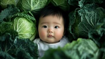 Newborn asian baby lying in fresh green cabbage. Cute funny child. Top view Happy childhood photo