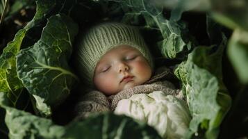 Newborn baby lying in fresh green cabbage. Cute funny child. Top view Happy childhood photo