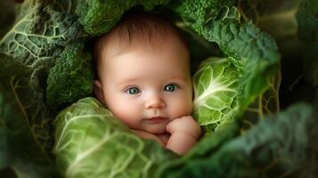Newborn baby lying in fresh green cabbage. Cute funny child. Top view Happy childhood photo