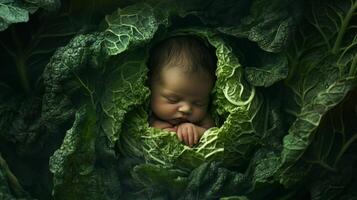 Newborn baby lying in fresh green cabbage. Cute funny child. Top view Happy childhood photo