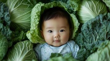 Newborn asian baby lying in fresh green cabbage. Cute funny child. Top view Happy childhood photo