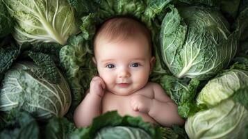 Newborn baby lying in fresh green cabbage. Cute funny child. Top view Happy childhood photo