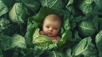 Newborn baby lying in fresh green cabbage. Cute funny child. Top view Happy childhood photo