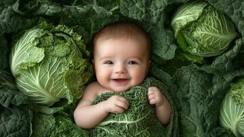 Newborn baby lying in fresh green cabbage. Cute funny child. Top view Happy childhood photo