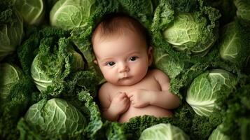Newborn baby lying in fresh green cabbage. Cute funny child. Top view Happy childhood photo