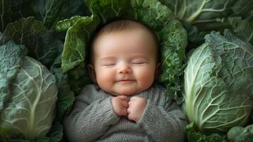 Newborn baby lying in fresh green cabbage. Cute funny child. Top view Happy childhood photo