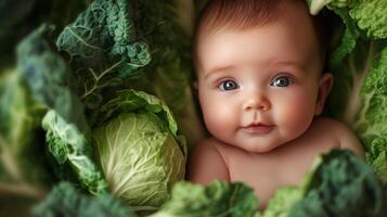 Newborn baby lying in fresh green cabbage. Cute funny child. Top view Happy childhood photo