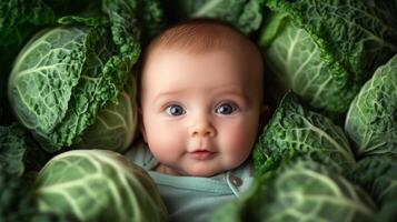 Newborn baby lying in fresh green cabbage. Cute funny child. Top view Happy childhood photo