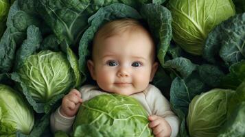 Newborn baby lying in fresh green cabbage. Cute funny child. Top view Happy childhood photo