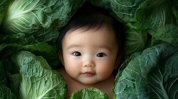 Newborn asian baby lying in fresh green cabbage. Cute funny child. Top view Happy childhood photo