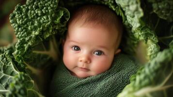 Newborn baby lying in fresh green cabbage. Cute funny child. Top view Happy childhood photo