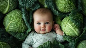 Newborn baby lying in fresh green cabbage. Cute funny child. Top view Happy childhood photo