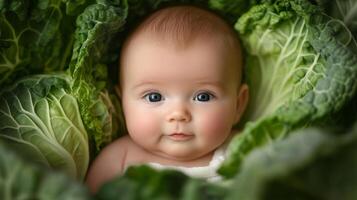 Newborn baby lying in fresh green cabbage. Cute funny child. Top view Happy childhood photo