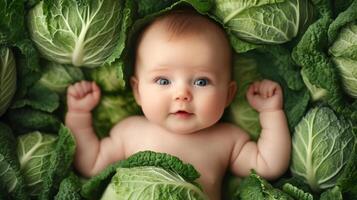 Newborn baby lying in fresh green cabbage. Cute funny child. Top view Happy childhood photo