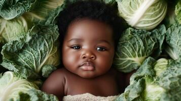 Newborn black baby lying in fresh green cabbage. Cute funny child. Top view Happy childhood photo