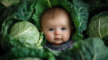 Newborn baby lying in fresh green cabbage. Cute funny child. Top view Happy childhood photo