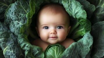 Newborn baby lying in fresh green cabbage. Cute funny child. Top view Happy childhood photo