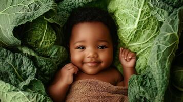 Newborn black baby lying in fresh green cabbage. Cute funny child. Top view Happy childhood photo