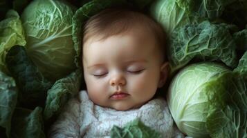 Newborn baby lying in fresh green cabbage. Cute funny child. Top view Happy childhood photo