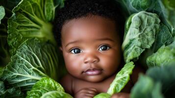 Newborn black baby lying in fresh green cabbage. Cute funny child. Top view Happy childhood photo