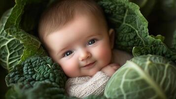 Newborn baby lying in fresh green cabbage. Cute funny child. Top view Happy childhood photo
