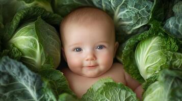Newborn baby lying in fresh green cabbage. Cute funny child. Top view Happy childhood photo