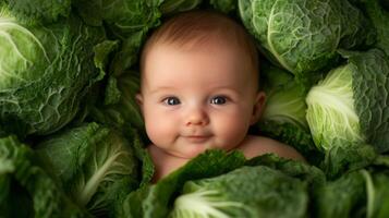 Newborn baby lying in fresh green cabbage. Cute funny child. Top view Happy childhood photo