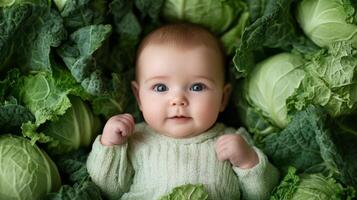 Newborn baby lying in fresh green cabbage. Cute funny child. Top view Happy childhood photo