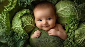 Newborn baby lying in fresh green cabbage. Cute funny child. Top view Happy childhood photo