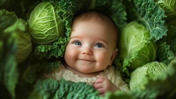 Newborn baby lying in fresh green cabbage. Cute funny child. Top view Happy childhood photo
