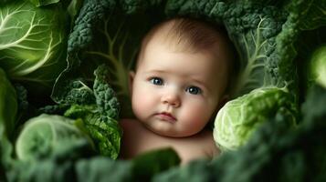 Newborn baby lying in fresh green cabbage. Cute funny child. Top view Happy childhood photo