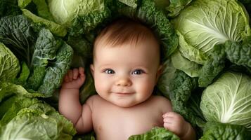 Newborn baby lying in fresh green cabbage. Cute funny child. Top view Happy childhood photo