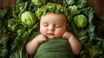 Newborn baby lying in fresh green cabbage. Cute funny child. Top view Happy childhood photo