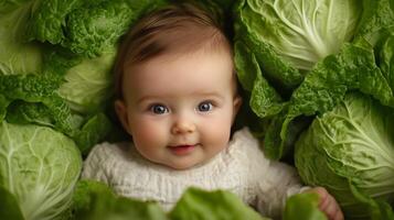 Newborn baby lying in fresh green cabbage. Cute funny child. Top view Happy childhood photo