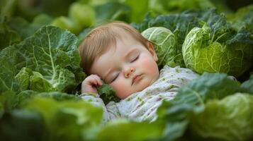 Newborn baby lying in fresh green cabbage. Cute funny child. Top view Happy childhood photo