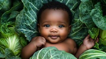 Newborn black baby lying in fresh green cabbage. Cute funny child. Top view Happy childhood photo