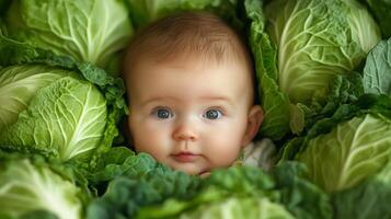 Newborn baby lying in fresh green cabbage. Cute funny child. Top view Happy childhood photo