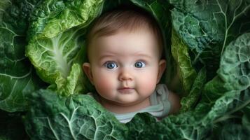 Newborn baby lying in fresh green cabbage. Cute funny child. Top view Happy childhood photo