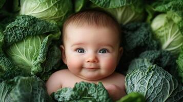 Newborn baby lying in fresh green cabbage. Cute funny child. Top view Happy childhood photo