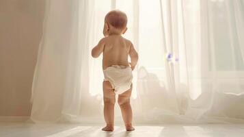 Small little baby wearing a diaper. Newborn standing in diaper pants close-up photo