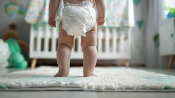 Small little baby wearing a diaper. Newborn standing in diaper pants close-up photo